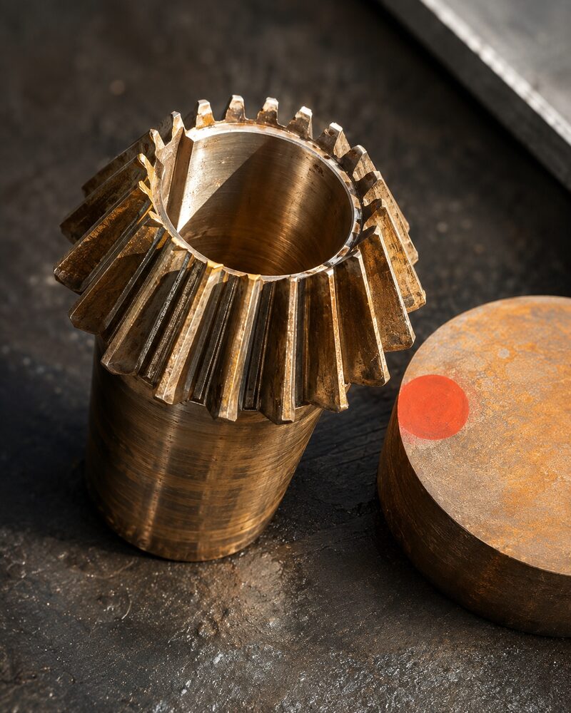 Bronze bevel gear being machined